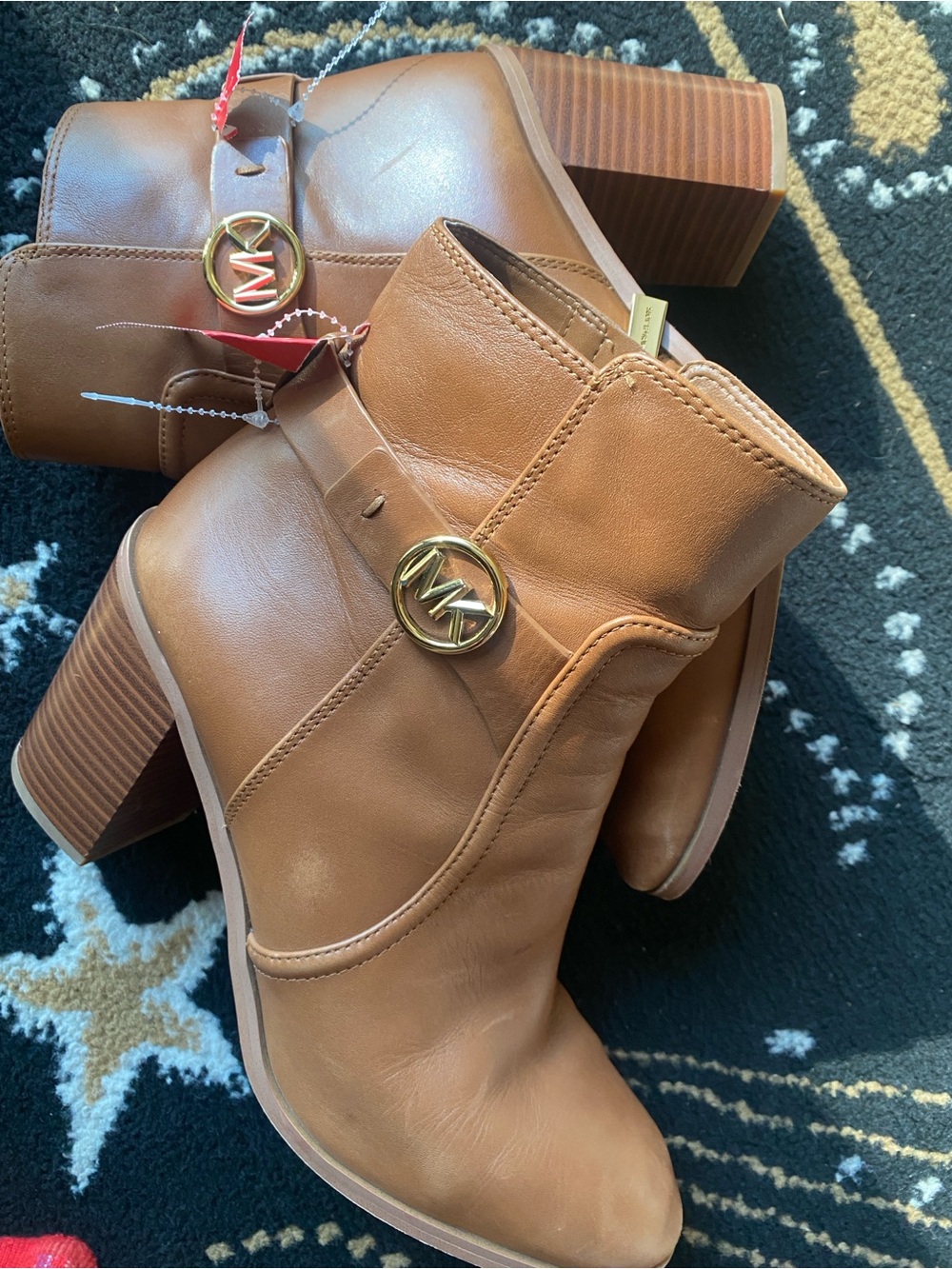 Michael Kors Cognac Leather Block Heel Ankle Boots